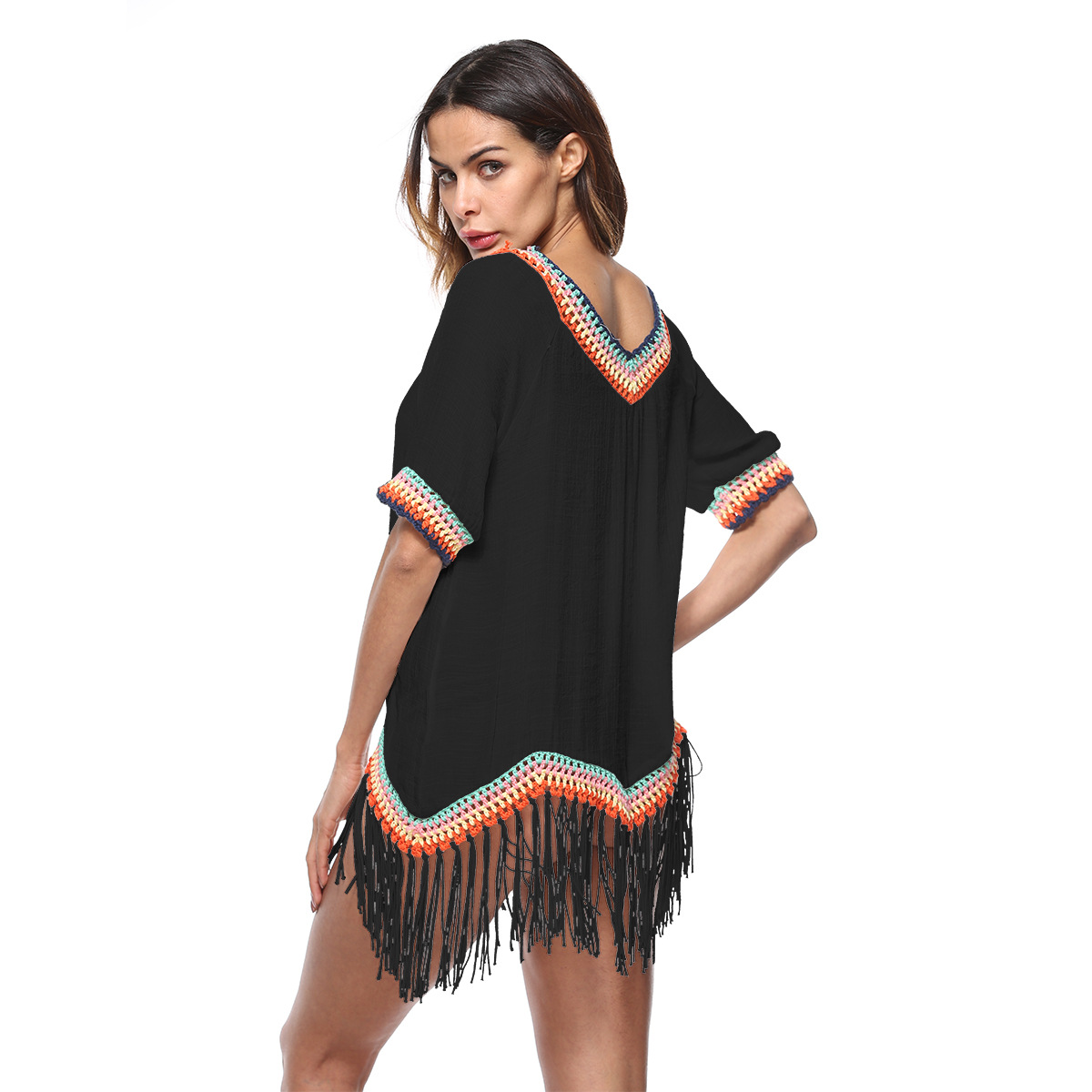 4715-2Tassels Mid-Length V-Neck Womens T-shirt